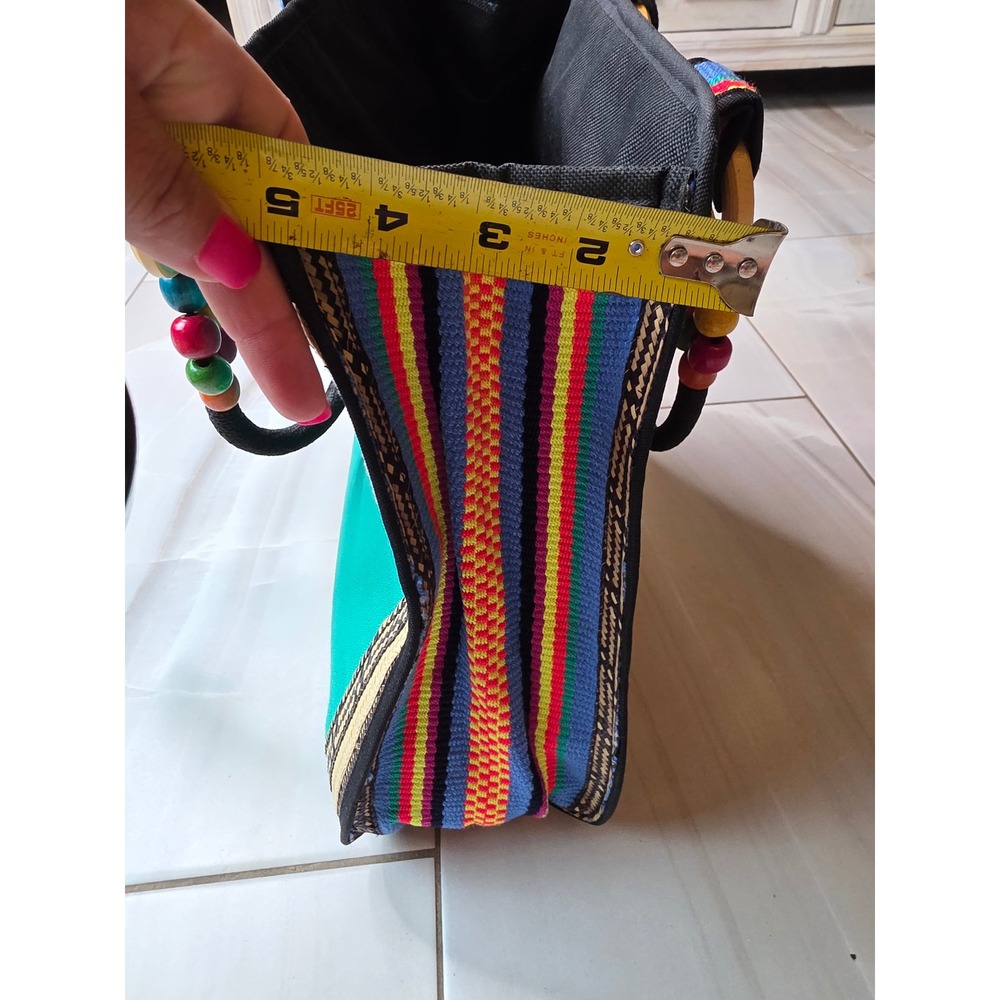 Boho Woven Straw Striped Tote Bag Multi Color Embroidered Floral Wooden F1 - Picture 15 of 16